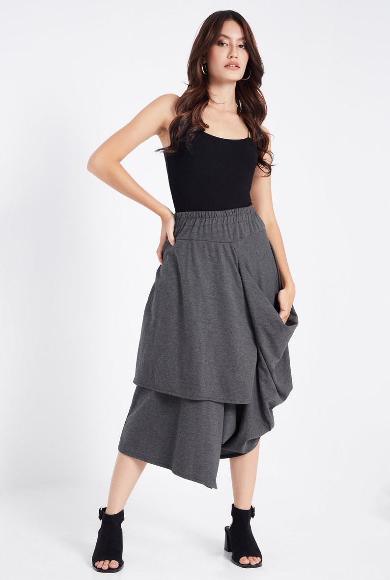 NO.187 Women's Taxidermy Asymmetric Skirt/Pants, Casual Wide Leg Trousers, Cropped Pants/Skirt in Mottled Gray image 7