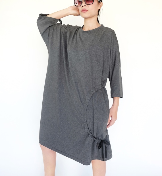 No.257 Women's Crew Neck Short Sleeve Ruched Circle Dress, T-Shirt Dress in Mottled Gray