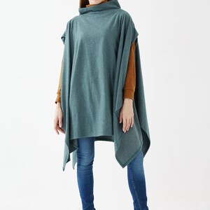 NO.279 Womens Stand Collar Poncho Sweater, Extravagant Asymmetric Poncho Fall Winter, Poncho in Heather Teal image 3