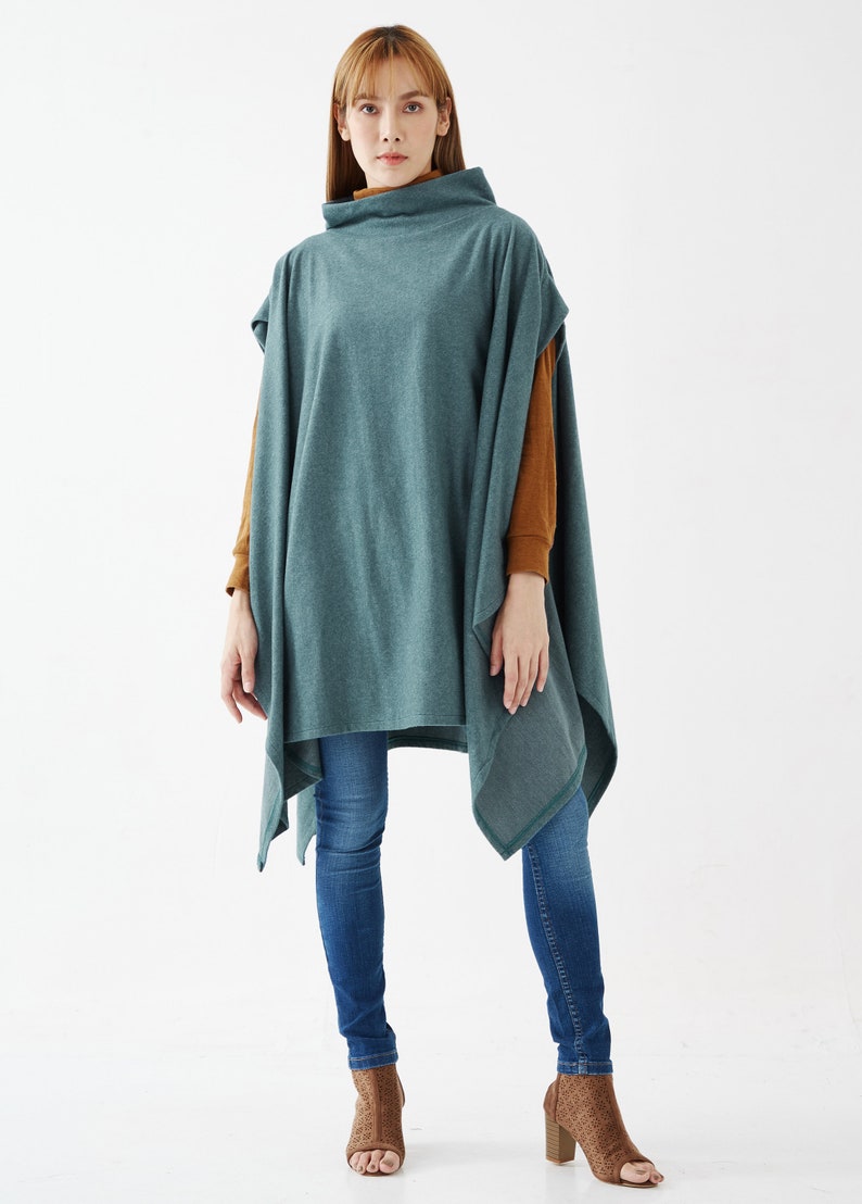 NO.279 Womens Stand Collar Poncho Sweater, Extravagant Asymmetric Poncho Fall Winter, Poncho in Heather Teal image 3