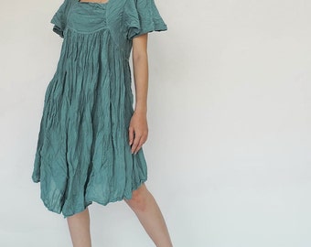 NO.9 Women's Square Neck Bell Sleeve Dress, Resort Dress, Summer Cotton Dress in Teal Blue