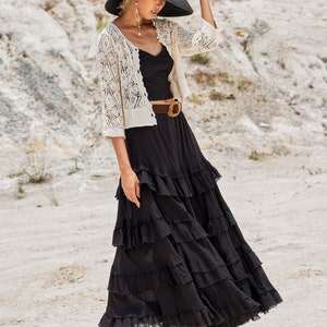 NO.303 Women's Tiered Ruffle Detail Long Skirt, Boho A-line Maxi Skirt, Natural Fiber Flexible Cotton Skirt zdjęcie 4