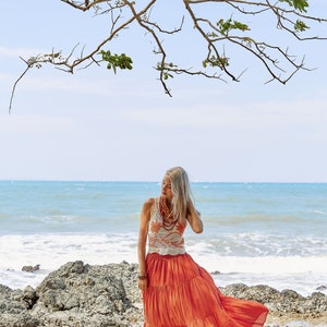 NO.5 Women's Hippie Gypsy Boho Tiered Peasant Long Maxi Skirt in Orange image 10