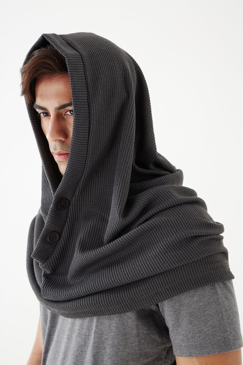 NO.97 Men's Hoodie Scarf, Hooded Cowl Buttons, Hooded Neck Warmer, Unisex Hoody Scarf in Gray image 1