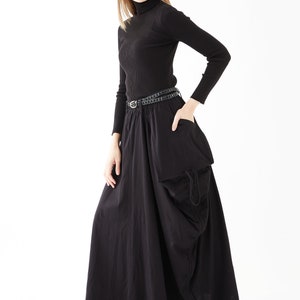 NO.123 Women's Large Patch Pocket Maxi Skirt, Long Maxi Skirt With Pockets, Comfy Casual Convertible Skirt in Black image 6