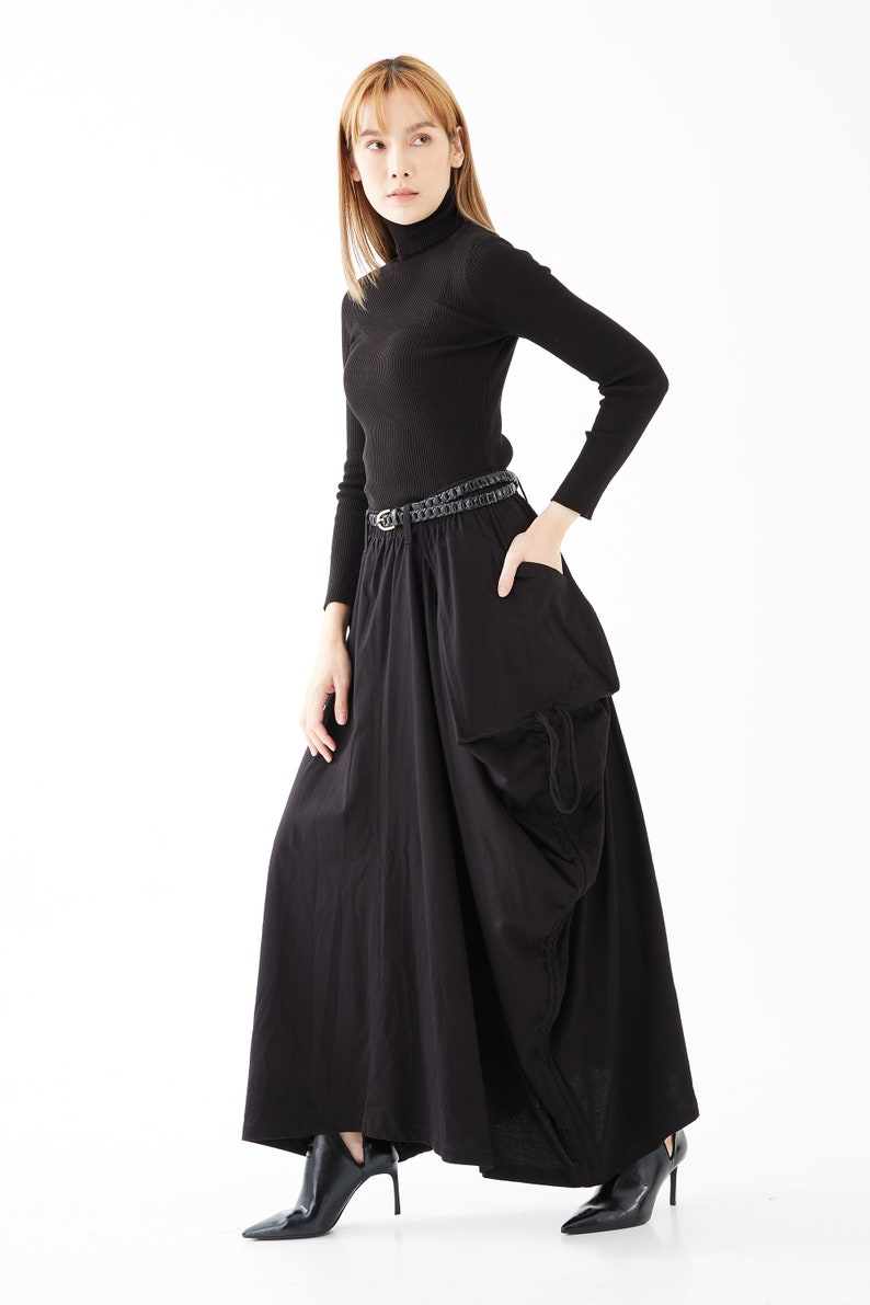 NO.123 Women's Large Patch Pocket Maxi Skirt, Long Maxi Skirt With Pockets, Comfy Casual Convertible Skirt in Black image 6