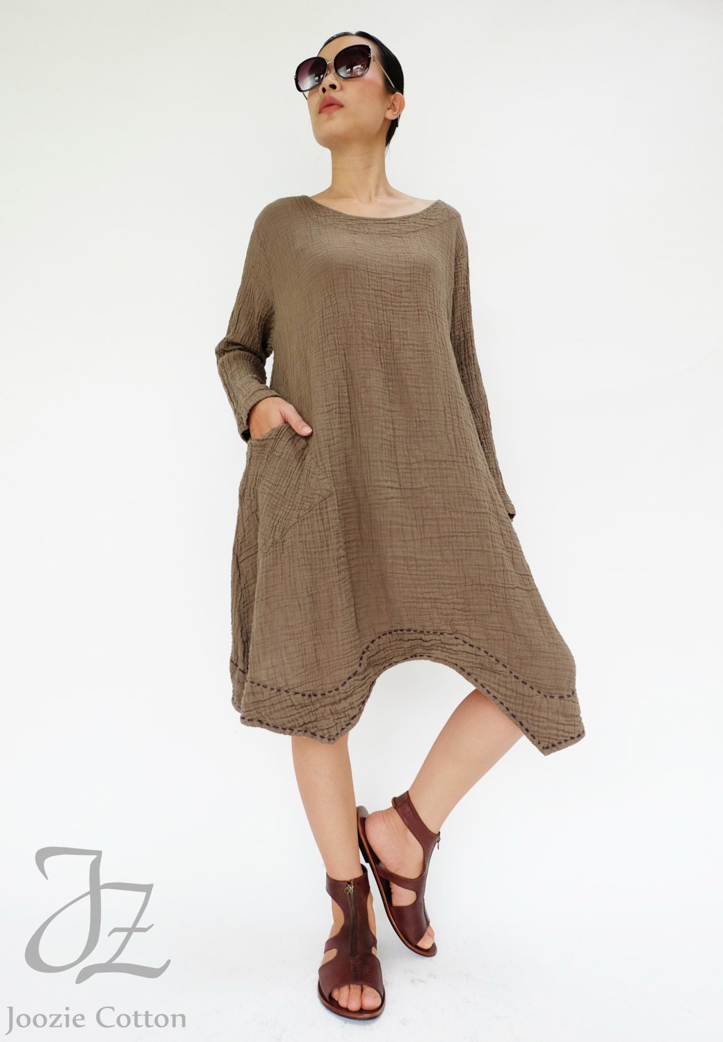 NO.201 Brown Double Cotton Gauze Long Sleeves Tunic Dress Etsy