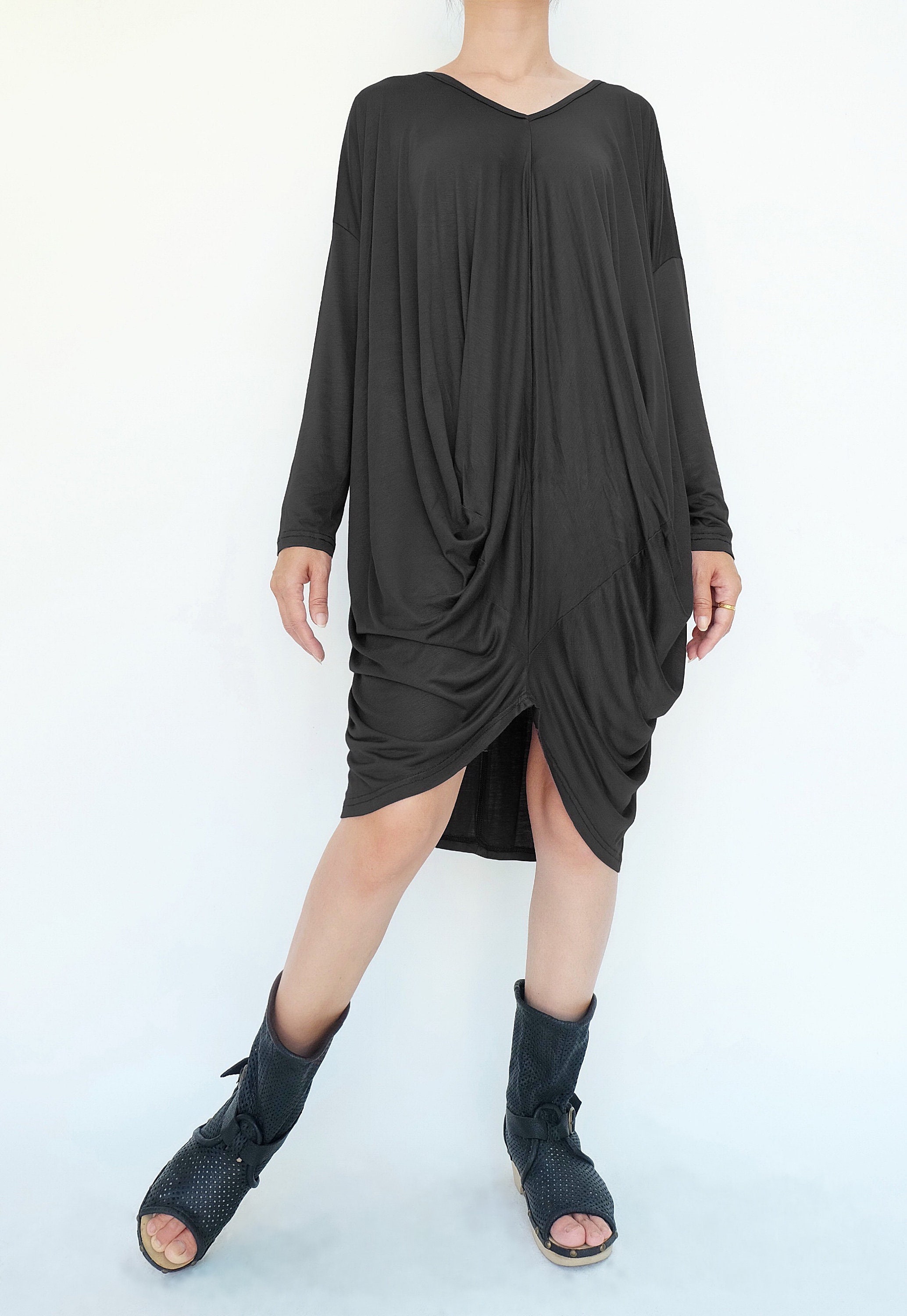No.259 Women's Long Sleeve Drape Front Dress, Loose Casual Dress in Black