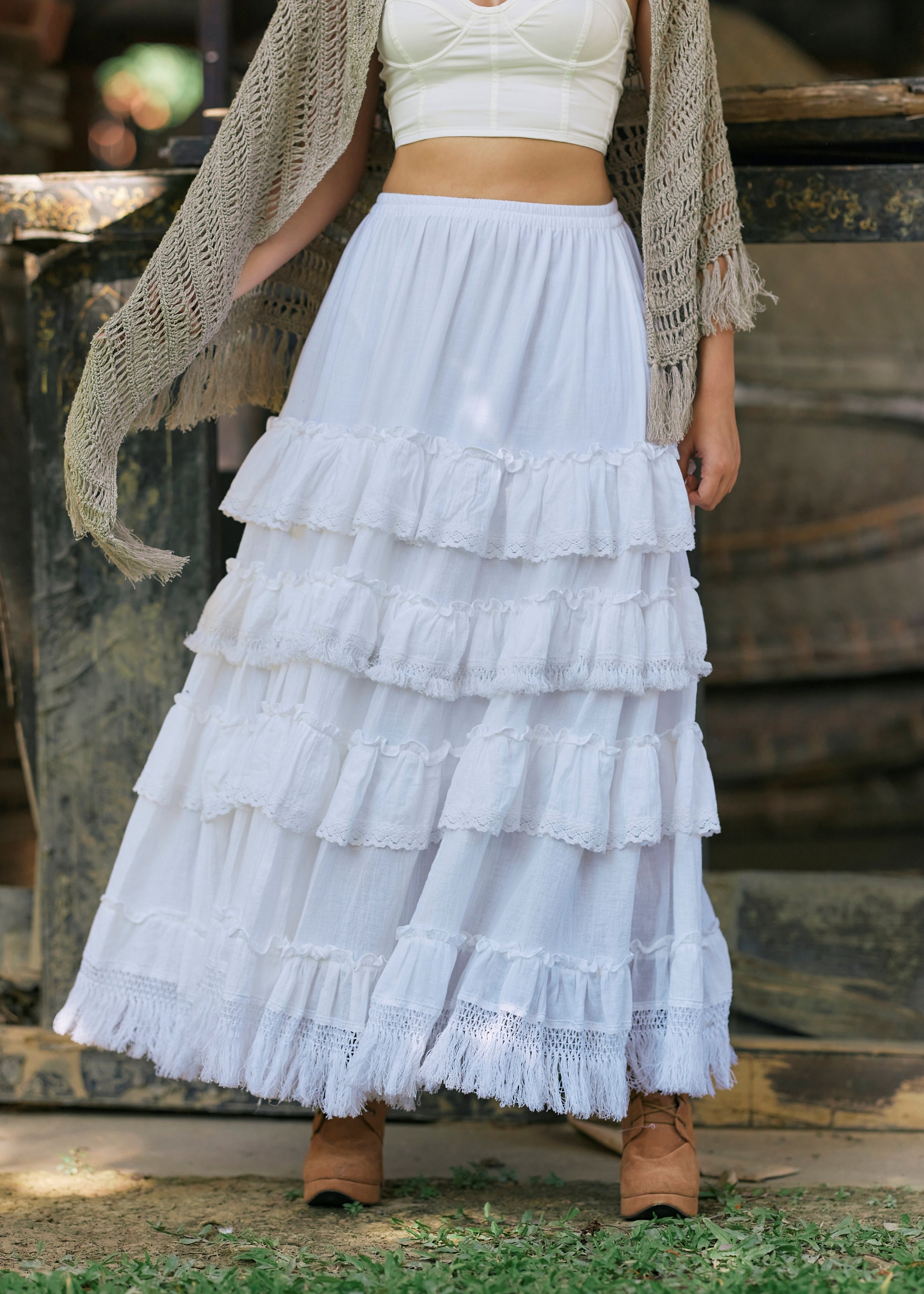 NEW---NO.322 Women's Tiered Ruffle Long Skirt, Boho A-line