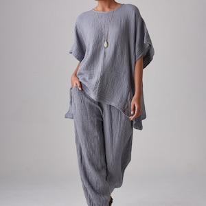 NO.246 Women's Minimalist Loose Kaftan Top, Short Sleeve Loungewear Caftan Natural Fiber Flexible image 6