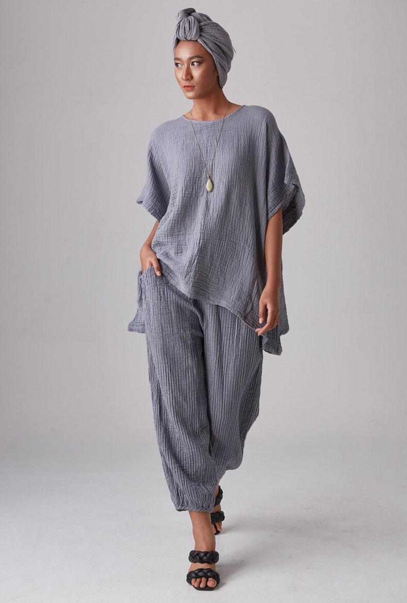 NO.246 Women's Minimalist Loose Kaftan Top, Short Sleeve Loungewear Caftan Natural Fiber Flexible image 6