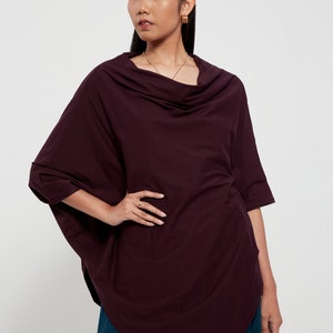 NO.63 Women's Cowl Neck Short Sleeve Top, Minimalist Clothing, Loose Asymmetrical Shirt in Plum image 3