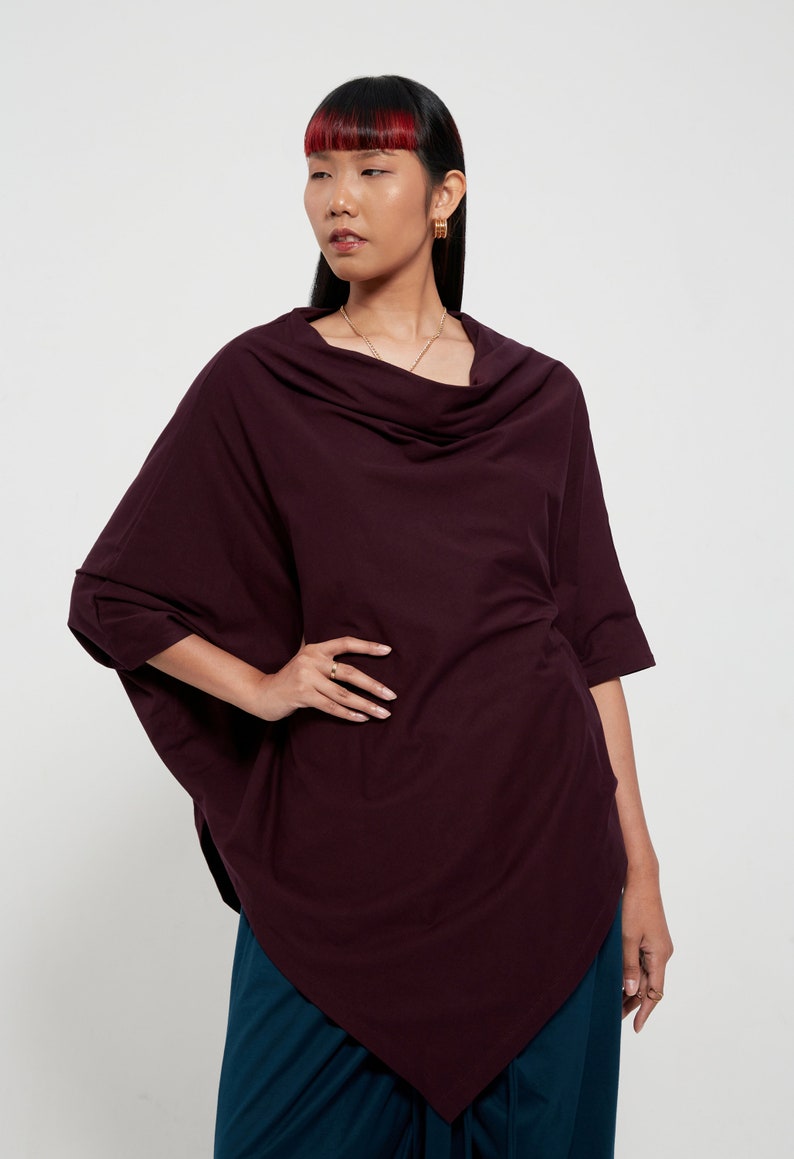 NO.63 Women's Cowl Neck Short Sleeve Top, Minimalist Clothing, Loose Asymmetrical Shirt in Plum image 3