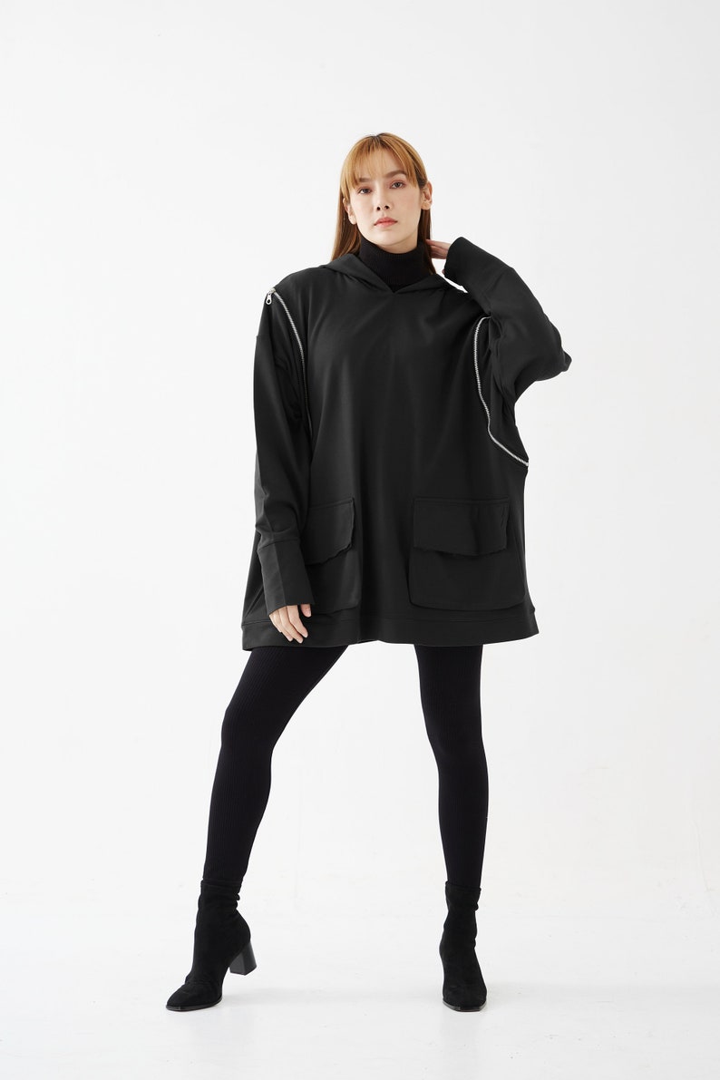 NO.277 Women's Oversized Hoodie Sweater, Zipper Detail Pullover, Casual Active Jacket, Unisex Sweater, Unisex Sweatshirt in Black image 1