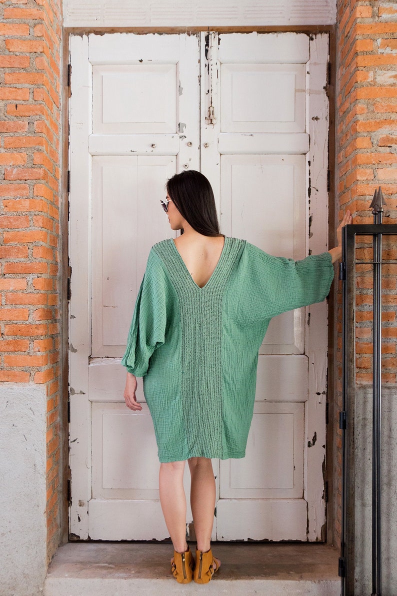 NO.238 Women's Three Quarter Sleeve Vertical Striped Detail V-Neck Kaftan, Cover Up Caftan, Natural Fiber Flexible Cotton Dress in Mint image 1