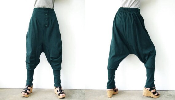NO.64 Women's Button Front Detail Drop Crotch Harem Pants, Low