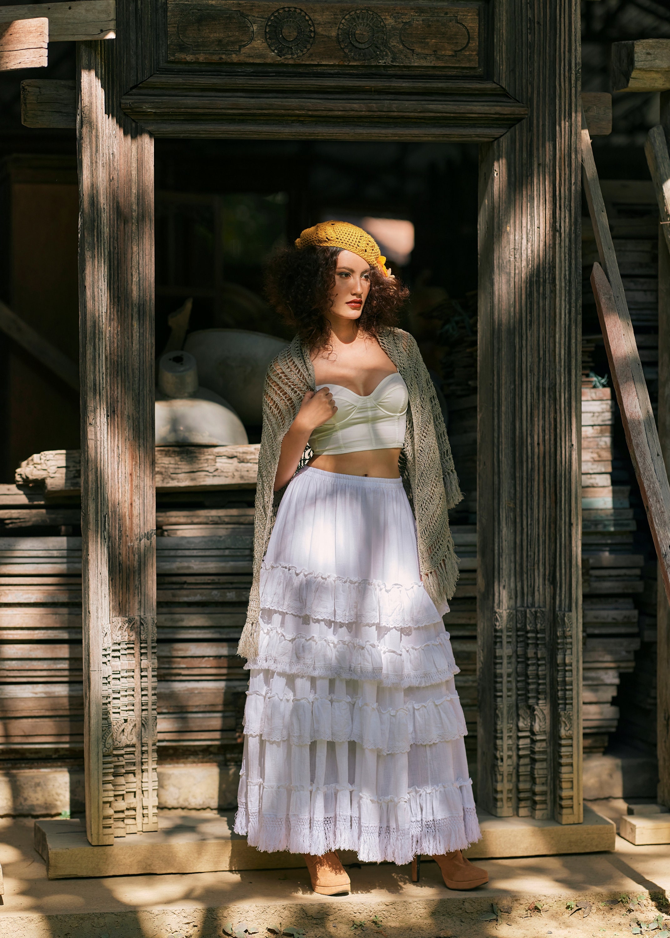NEW---NO.322 Women's Tiered Ruffle Long Skirt, Boho A-line