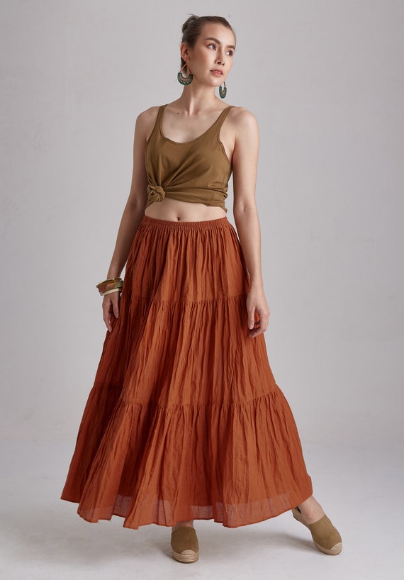 NO.5 Women's Hippie Gypsy Boho Tiered Peasant Long Maxi Skirt in Orange  Ochre 