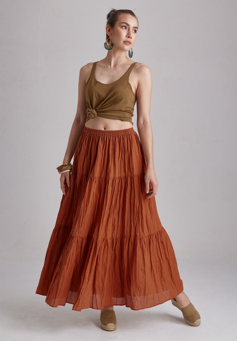 NO.5 Women's Hippie Gypsy Boho Tiered Peasant Long Maxi Skirt in Orange Ochre 