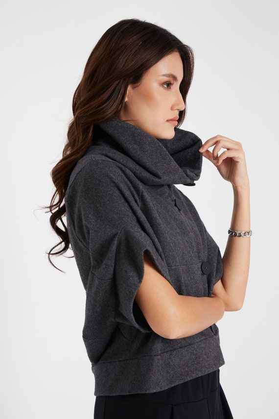NO.85 Women's Stand Collar Short Sleeve Cropped Jacket, Button