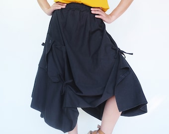 NO.252 Women's Extravagant Asymmetrical Skirt, Drawstring-Detail A-Line Skirt in Blue