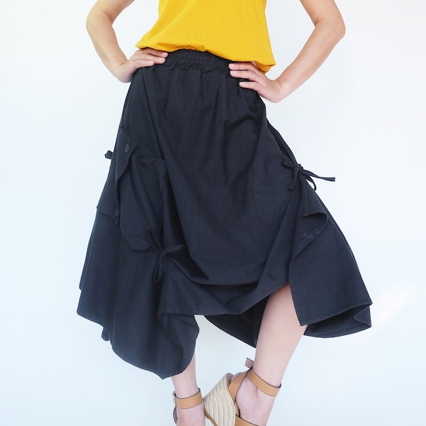 NO.252 Women's Extravagant Asymmetrical Skirt, Drawstring-Detail A-Line Skirt in Blue