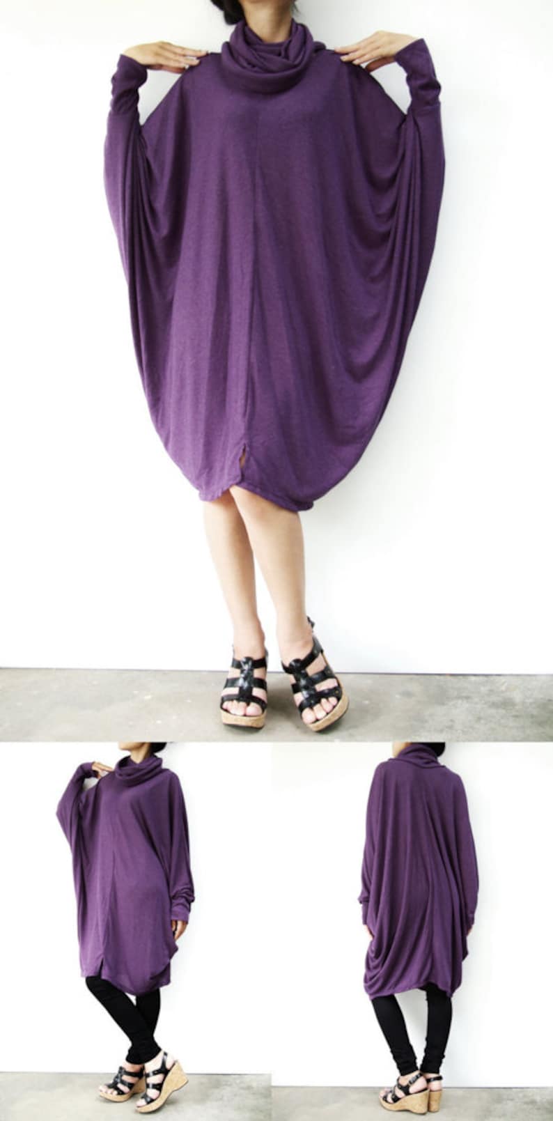Puede incluir: Un vestido t&uacute;nica largo y holgado de color morado con cuello de pico y mangas largas. El vestido est&aacute; hecho de una tela suave y el&aacute;stica y tiene un ajuste holgado. La modelo lleva el vestido con leggings negros y sandalias negras.