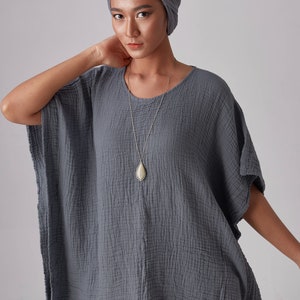 NO.246 Women's Minimalist Loose Kaftan Top, Short Sleeve Loungewear Caftan Natural Fiber Flexible image 3