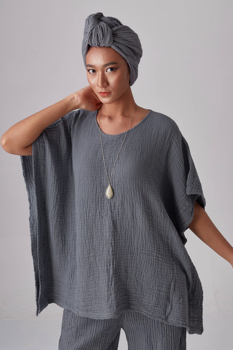 NO.246 Women's Minimalist Loose Kaftan Top, Short Sleeve Loungewear Caftan Natural Fiber Flexible image 3