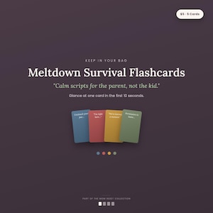 Op de afbeelding: Een set van vier rechthoekige Meltdown Survival Flashcards in blauw, rood, geel en groen, voorzien van witte tekst. De kaarten worden getoond tegen een donkerpaarse achtergrond met de titel Meltdown Survival Flashcards en de ondertitel Calm scripts for the parent, not the kid. Aanvullende tekst bevat Keep in your bag, Glance at one card in the first 10 seconds en Part of the Mom Reset collection.