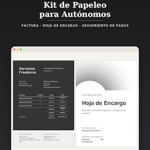 May include: A digital document template set titled Kit de Papeleo para Autónomos, featuring a black and white invoice with line items, totals, and payment details, alongside a white project order form with a curved header and text fields.