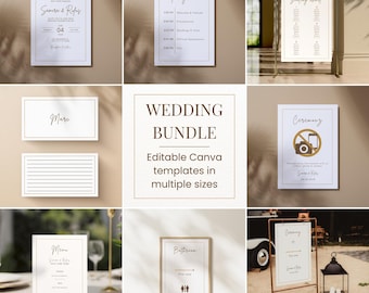 May include: A wedding stationery bundle featuring editable Canva templates including a program, seating chart, menu, place cards, and signage. The designs feature white backgrounds with thin black borders and elegant script typography for various event needs.