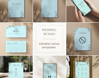 May include: A wedding stationery bundle featuring light blue templates with black floral illustrations and elegant typography. The set includes a Save the Date, program, place card, advice card, reception sign, table number, bathroom sign, and seating chart.