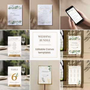 Op de afbeelding: Een trouwpakket van bewerkbare Canva-sjablonen met wit briefpapier, groene botanische illustraties en gouden accenten. Bevat save-the-date kaarten, uitnodigingen, tafelplannen, tafelnummers en bordjes met de tekst Wedding Bundle en Ceremony.