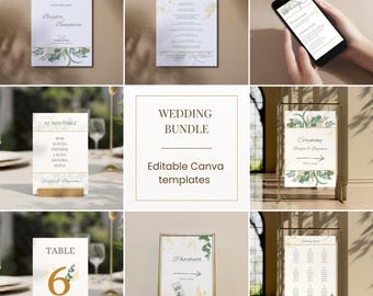 May include: A wedding bundle of editable Canva templates featuring white stationery with green botanical illustrations and gold accents. Includes save the date, invitation, seating chart, table number, and signage cards with text like Wedding Bundle and Ceremony.