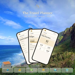 Puede incluir: Una interfaz de planificador de viajes digital mostrada en tres pantallas de teléfono, con secciones para resumen de viaje, presupuesto e información útil. El texto incluye The Travel Planner, Plan, pack, budget, remember, offline y categorías.