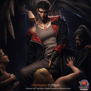 May include: A detailed collectible figurine of a male character with short dark hair, wearing a grey tank top, dark trousers, and a black jacket with red lining. The character wears a necklace with a red pendant and black fingerless gloves.