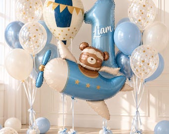 Set med flygplansfödelsedagsballonger, personliga dekorationer till första födelsedagen, blå nallebjörnsballonger, sifferballong, 15-delars partyset