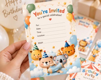 6 invitaciones de cumpleaños con temática de circo, invitaciones imprimibles para niños, invitaciones para fiestas de animales, invitaciones imprimibles de 5x7 pulgadas, descarga instantánea.