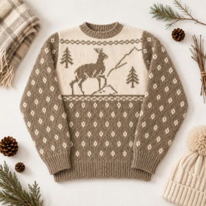 Könnte beinhalten: Ein langärmeliger Strickpullover mit einem cremefarbenen Brustbereich, der ein braunes Hirsch- und Tannenbaummuster zeigt. Die Ärmel und der untere Teil sind braun mit einem wiederkehrenden cremefarbenen Rautenmuster. Gerippter Rundhalsausschnitt.