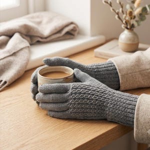 May include: A pair of grey knit gloves featuring a textured cable knit pattern on the back of the hand and a ribbed cuff, worn while holding a small, round, light-colored ceramic mug filled with a brown liquid beverage.
