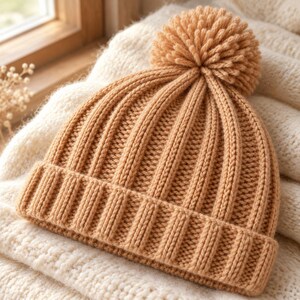 Puede incluir: Un gorro de punto color canela con textura acanalada y un gran pompón a juego en la parte superior. El gorro tiene un borde ancho doblado en la base, construido con un patrón de punto vertical que se extiende desde el borde hasta la corona.