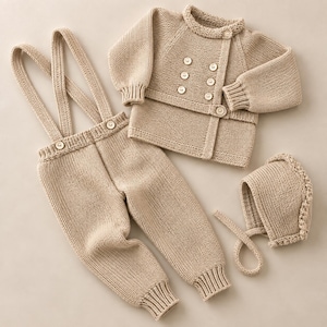 May include: A beige knitted three-piece set consisting of a long-sleeved double-breasted cardigan with light-colored buttons, trousers with attached suspenders featuring two buttons at the waist, and a matching bonnet with a chin tie.