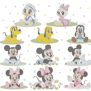 Könnte beinhalten: Eine Sammlung von zwölf gestickten Zeichentrickfiguren-Designs, die Baby-Versionen von Enten, Hunden und Mäusen zeigen. Die Figuren sind in verschiedenen Posen dargestellt, darunter sitzend, krabbelnd und spielend, vor einem Hintergrund aus bunten Punkten.
