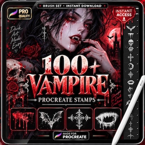 May include: A digital Procreate brush set featuring over 100 vampire-themed stamps. The interface displays a gothic illustration of a vampire with red eyes, a skull, and roses. Includes a sidebar with stamp previews and a white stylus pen.