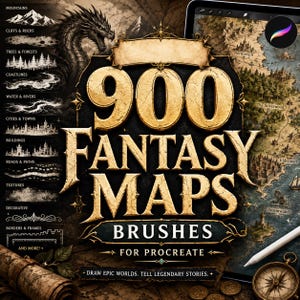 Może przedstawiać: Cyfrowa kolekcja 900 pędzli do map fantasy dla programu Procreate, z tekstem w kolorze złotym na ciemnym tle. Obraz przedstawia listę kategorii pędzli, w tym góry, lasy, rzeki i miasta, wraz z ilustracją mapy.