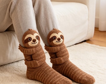 3D Hugging Animal Knit Socks, Cute Novelty Socks, Sloth Panda Bat Cat Highland Cow Socks, Cozy House Socks, Fun Gift for Animal Lovers