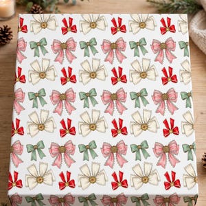 Vintage Bow Seamless Pattern, Coquette Bow Digital Paper, Watercolor Ribbon PNG, Christmas Pink Red Green Lace Bow