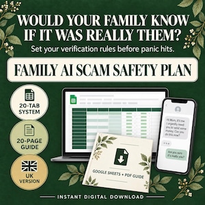 Può includere: Un prodotto digitale intitolato FAMILY AI SCAM SAFETY PLAN con un portatile che mostra un foglio di calcolo, uno smartphone con una conversazione via SMS e una guida. Il testo include WOULD YOUR FAMILY KNOW IF IT WAS REALLY THEM?