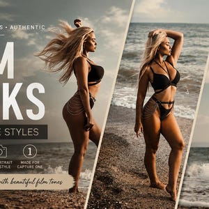 May include: A digital product advertisement titled FILM LOOKS CAPTURE ONE STYLES featuring three panels of a person with blonde hair in a black bikini on a beach. The text includes CINEMATIC, TIMELESS, AUTHENTIC, 4 STYLES INCLUDED, CINEMATIC TONES, FOR PORTRAIT & LIFESTYLE, MADE FOR CAPTURE ONE, and DESIGNED FOR 1 CAPTURE ONE PHOTOGRAPHERS.